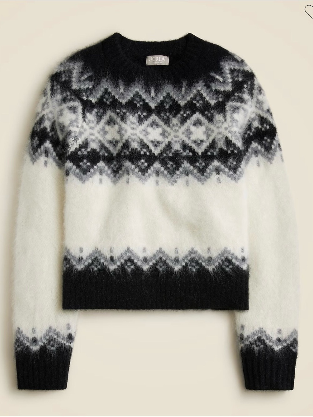 J. Crew Brushed 100% Cashmere Fair Isle Sweater Black White Gray Size Medium